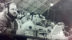 Bill Powers at the keyboard keeping stats for an East Texas State-Angelo State basketball game in 1991. East Texas State is now Texas A&M-Commerce. Powers was one of the first in the Lone Star Conference to record statistics courtside on a computer. Kevin McPherson (left) was spotting.